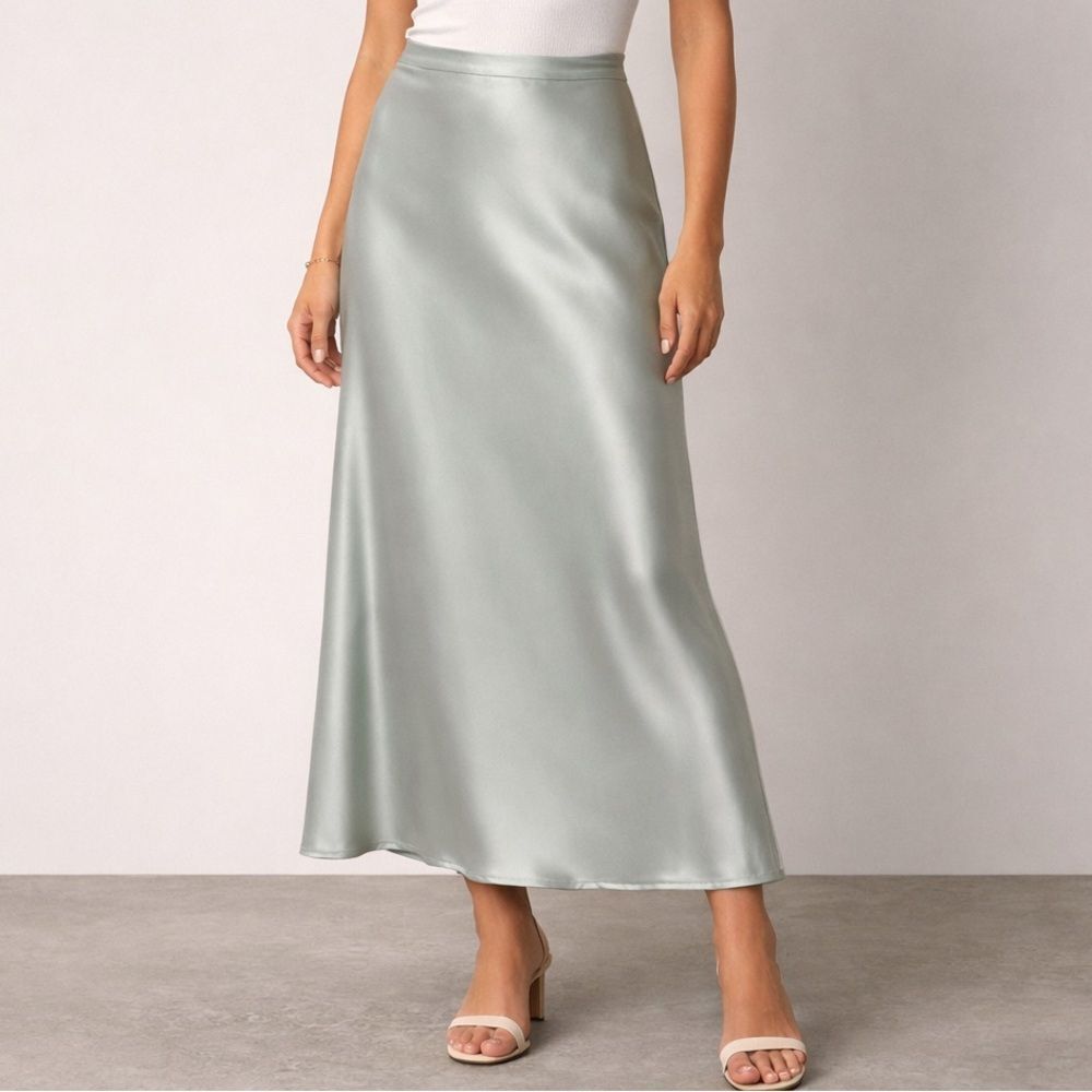 Joie Satin Slip Skirt Sage Green Midi Bias Cut Pull-On Long Skirt Size Large